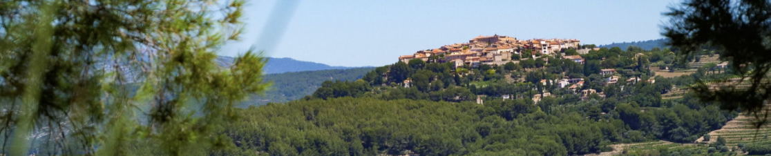 Paysage verdoyant avec des collines et le village du castellet au loin.