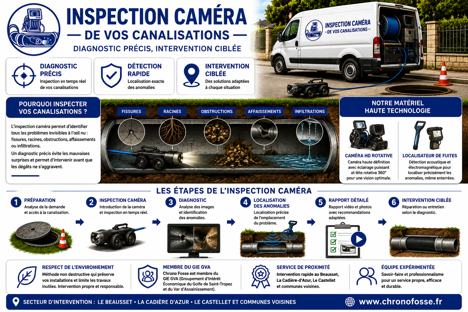Infographie sur les services d'inspection de canalisations, incluant équipements et étapes.