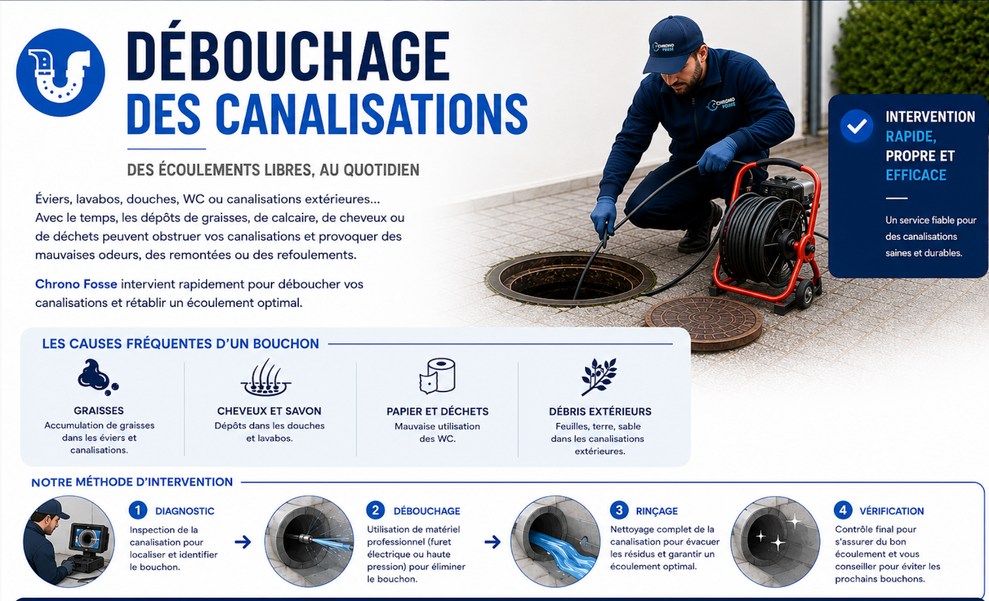Bouchons canalisation Beausset Cadière Castellet Evenos Saint-Cyr Sanary Six-fours Bandol Technicien utilisant un équipement pour déboucher une canalisation. Informations sur les services.