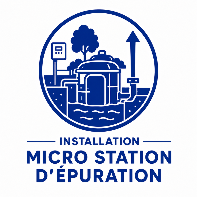 Logo d'une micro station d'épuration avec arbre et indication de niveau d'eau.