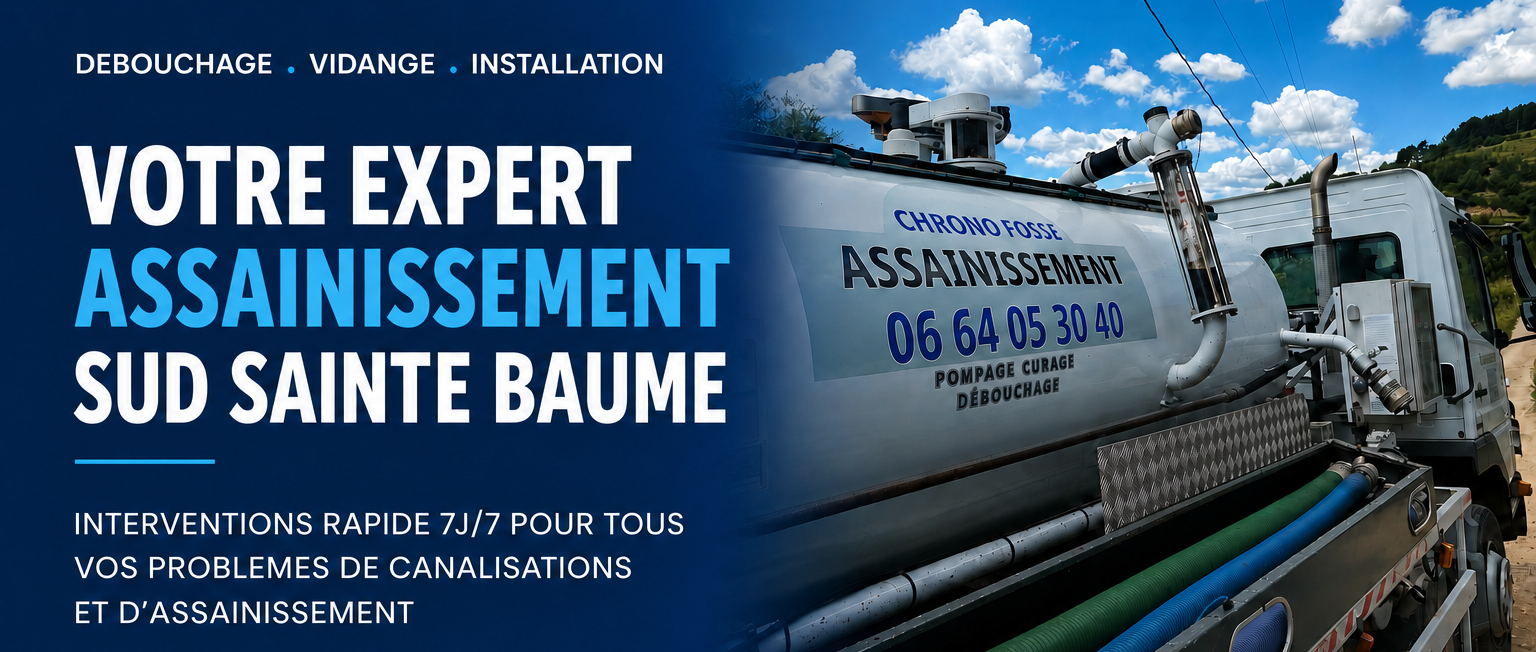 Camion d’assainissement avec le logo de l’entreprise Le Beausset sur un fond de ciel bleu.