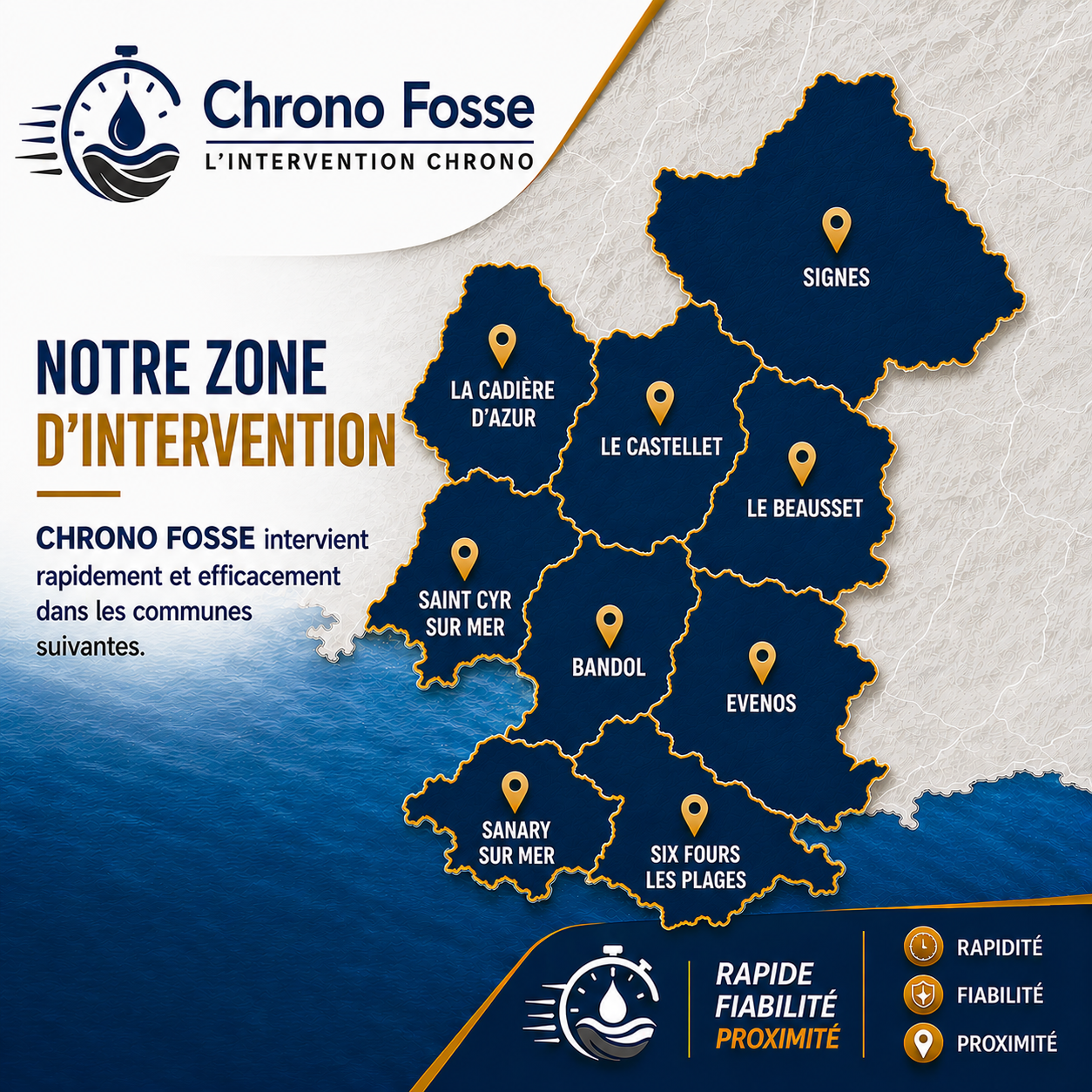 Carte des zones d'intervention de Chrono Fosse dans le département.